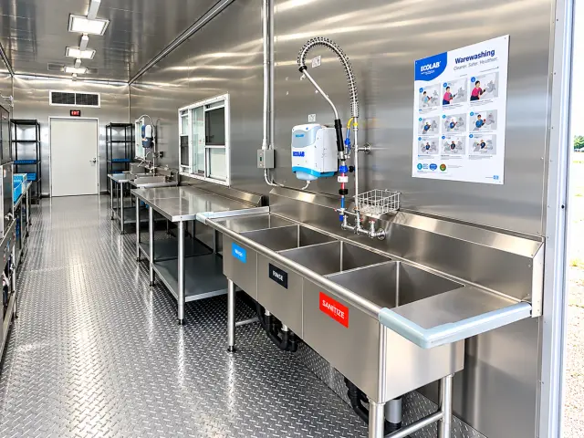 38ft High-Temp Conveyor Dishwashing Trailer for rent from Workforce Housing New Hampshire